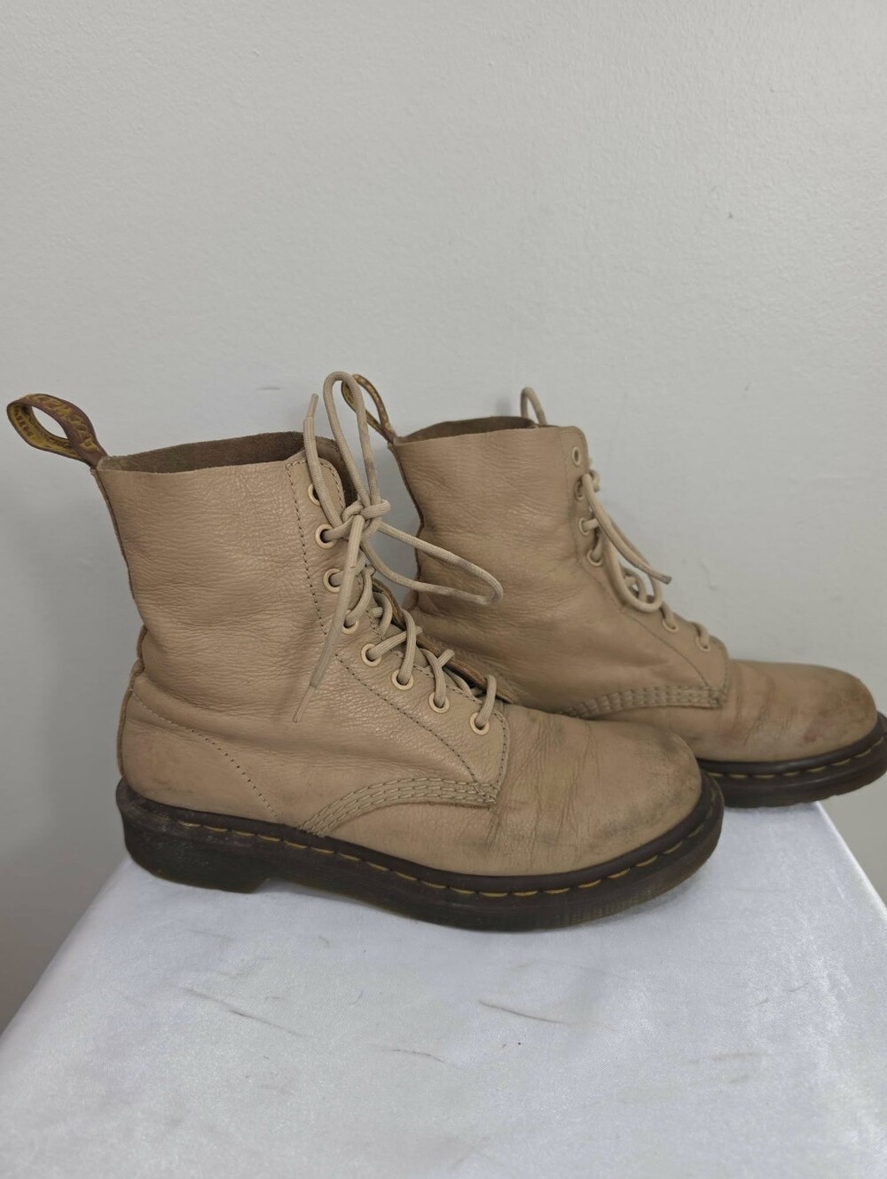 Dr. Martens Beige Lace-Up Leather Ankle Boots